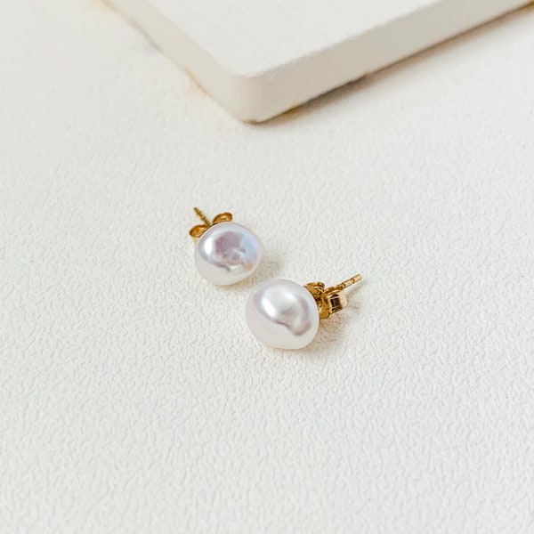 Small Baroque Pearl Ear Studs, Freshwater Keshi Pearl Earrings, Dainty Ear Studs, 14k Gold Filled, Sterling Silver