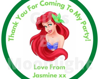 15 Design buddies Personalised Disney princess Ariel 50mm 2 Party Stickers thank you labels,thank you for coming to my party labels DS1 