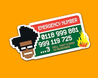 Calcomanía de IT Crowd: calcomanía de vinilo pixel art con número de emergencia de Moss