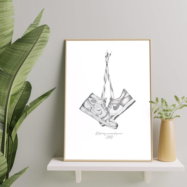 Hanging Trainers Couples Personalised Wall Print | Customised Wall Print | Tied Together Trainers  | A4, A3 and A2 Sizes | Sneaker Prints