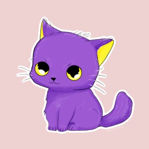 May include: A digital illustration of a purple cartoon cat with large yellow eyes and yellow inner ears. The cat is sitting with its tail curled up, set against a light pink background.