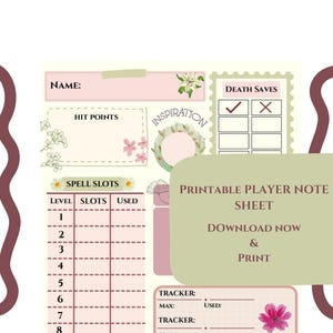 Könnte beinhalten: Druckbare Dungeons and Dragons Charakterkarte mit floralen Akzenten. Die Karte enthält Abschnitte für Name, Trefferpunkte, Zauberplätze, Todeswürfe und Tracker. Die Karte ist für die Verwendung mit Bleistift oder Stift konzipiert.