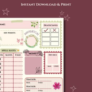 Könnte beinhalten: Ein digitaler Download eines Spieler-Notizblatts mit burgunderfarbenem Hintergrund. Das Blatt enthält Abschnitte für Trefferpunkte, Zauberslots, Todessaves und Tracker. Der Text "PLAYER NOTES SHEET" und "INSTANT DOWNLOAD & PRINT" steht oben.