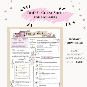 Puede incluir: Una hoja de trucos de Dungeons & Dragons 5E para principiantes. La infografía rosa y blanca incluye mecánicas básicas, acciones y cómo jugar. El texto dice "Descarga instantánea - Información más importante en 1 página."
