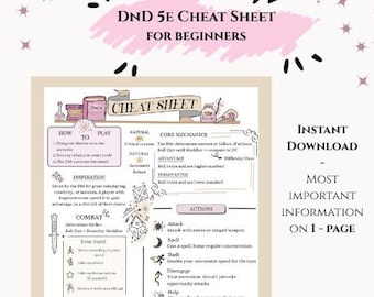 Puede incluir: Una hoja de trucos de Dungeons & Dragons 5E para principiantes. La infografía rosa y blanca incluye mecánicas básicas, acciones y cómo jugar. El texto dice "Descarga instantánea - Información más importante en 1 página."