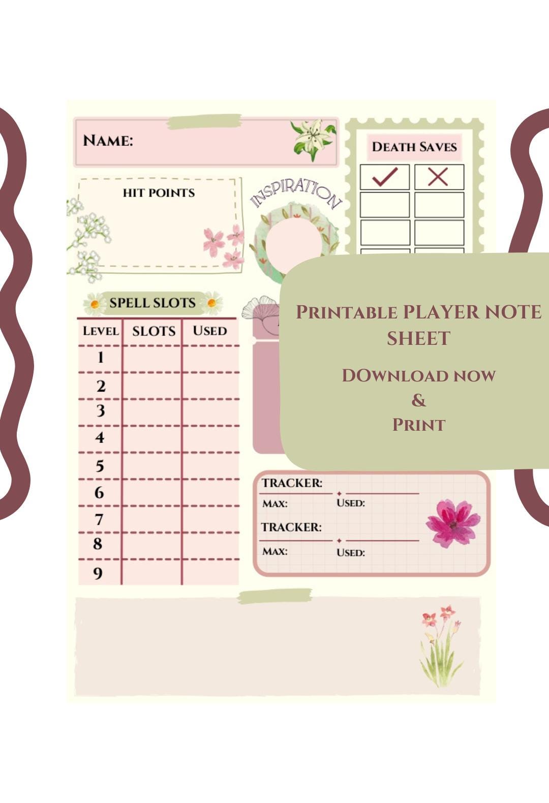 Dnd Note Symbol Aesthetic Player Note Sheet for Dnd. Printable Character Sheet for ...