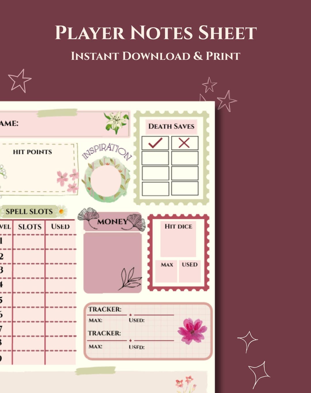 Aesthetic Player Note Sheet for Dnd. Printable Character Sheet for ...