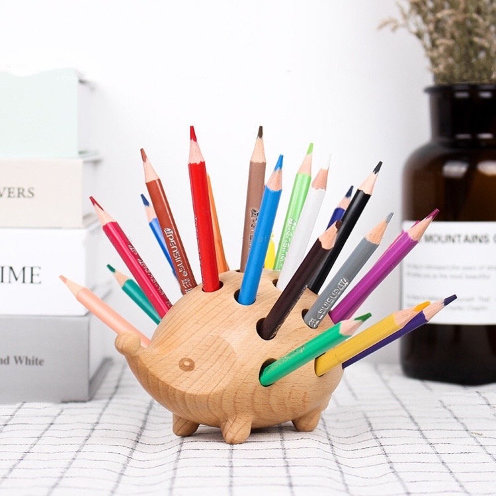 Little hedgehog pencil holder Office tools Solid wood Etsy