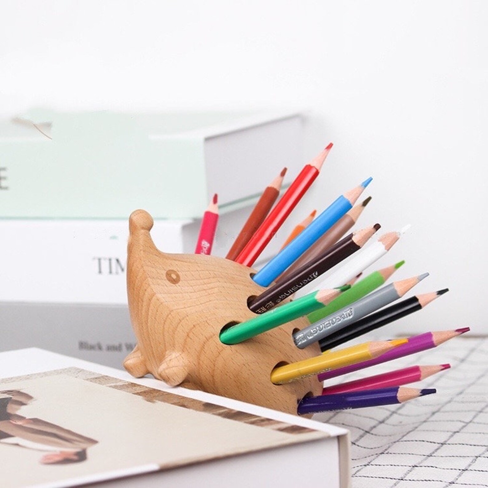 Little hedgehog pencil holder Office tools Solid wood Etsy