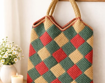 2 Cotton Handbags in one, Tunisian Crochet Tote Bag Pattern, Crochet checkered purse, (PDF Pattern)
