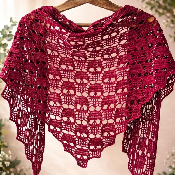 Châle tête de mort au crochet, bandana gothique, cadeau au crochet pour les amateurs de têtes de mort (modèle PDF)