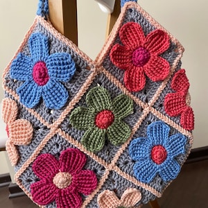 Crochet bag pattern, Granny Square bag pattern, Handbag pattern PDF, Crochet Rose Bag, Flower Bag Crochet Pattern