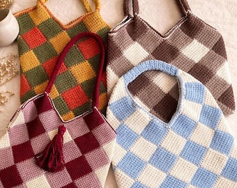 Crochet Tote Bag Pattern: 4 Сhecked Handbags in one (PDF Pattern)
