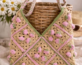 Crochet bag pattern, Strawberry bag pattern, Granny square crochet pattern