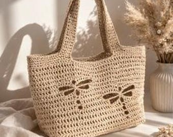 Crochet Dragonfly Raffia Bag Pattern: Beach Tote (PDF Download)