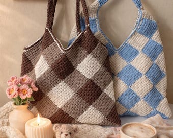 Tunisian Crochet Tote Bag Pattern, Crochet checkered bag, 2 Cotton Handbags in one (PDF Pattern)