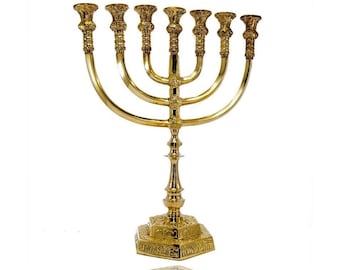 Brass Copper 14 Inch  Height Massive Temple Menorah Jerusalem Candle Holder Oil Stand Art 