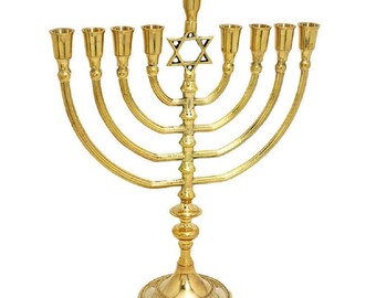 Brass Copper Massive 14 Inch Height Hanukkah Chanukia 9 Branch Israel Hanukia Oil Candle Holder With STAR Of DAVID Gift