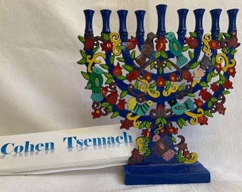 Blue Menorah with a Tree Design and Birds in Lazer BY Yair Emanuel