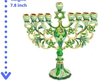 Gold Plated & Green Enamel With Zircons Inlay 9 Branch Hanukkah Menorah Chanukia From Jerusalem With Star Of David Judaica Hanukiah