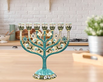 Cohen Tsemach Art & Gift 7 Branch Menorah Candle Holder Crystal Rhinestones Bejeweled Hand-Painted Star of David Enamel Candlesticks