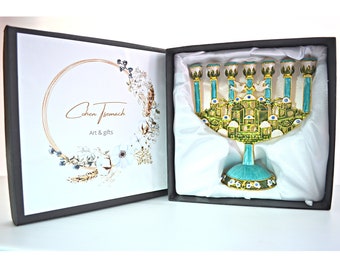 Cohen Tsemach Art & Gift 7 Branch Menorah Candle Holder Jerusalem Hand Painted Crystal Rhinestones Bejeweled Turquoise