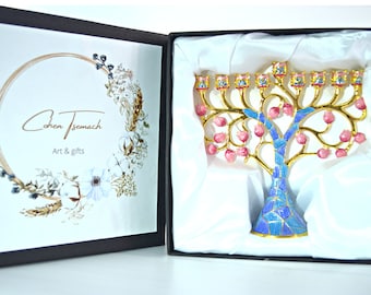 Cohen Tsemach Art & Gift Hand Painted Enamel Menorah Hanukkah Hanukkiah Pomegranate Blue And pink