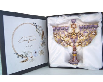 Cohen Tsemach Art & Gift Hand Painted Enamel Menorah Star of David purple Hanukkiah hanukkah