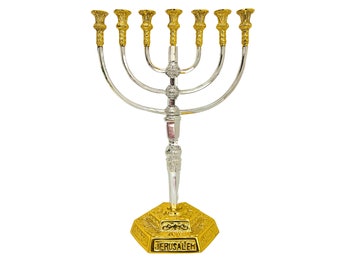 Massive Menorah 18 Inch Height Copper With Silver & 18K Gold Plating Seven Branch Oil / Candle Holder Israel Holy Land Temple