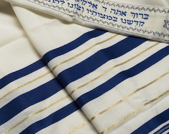 100% Wool Tallit Prayer Shawl Kosher in Blue/Gold Stripes for bar mitzvah /Jewish wedding,Talitnia Tallit -Choose a size