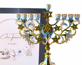 Cohen Tsemach Art & Gift Hand Painted Enamel Menorah Star of David Turquoise Hanukkiah hanukkah