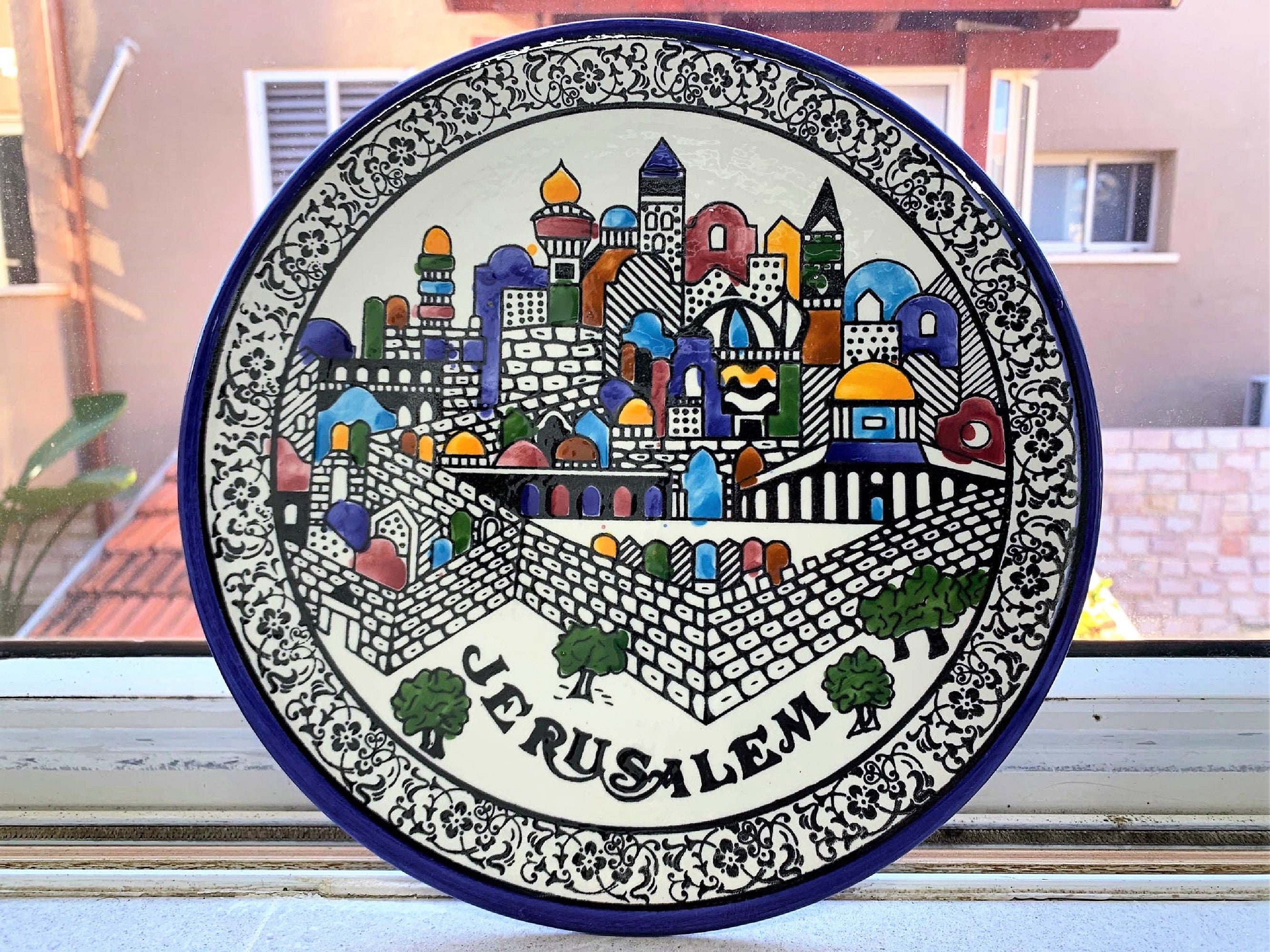 Jerusalem Ceramic Dish -Olive Branch Design Round Serving Dish