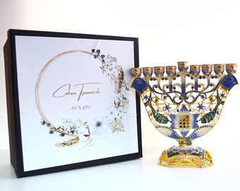 Cohen Tsemach Art & Gift Menorah Hanukkah two doves priestly breastplate Blue Gold And Enamel With Zircons Nine Branch Chanukia