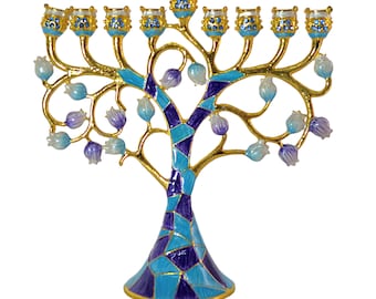 Cohen Tsemach Art & Gift Émail peint à la main Menorah Hanukkah Hanukkiah Grenade Turquoise