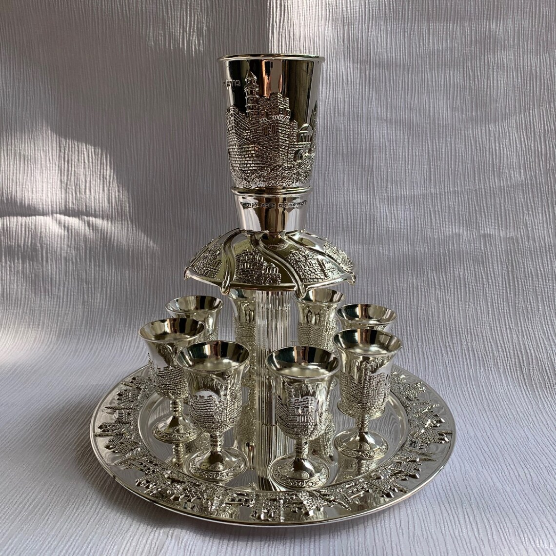 Amazing Wine Fountain Kiddush & 8 Goblets Silver Plate Judaica Etsy UK