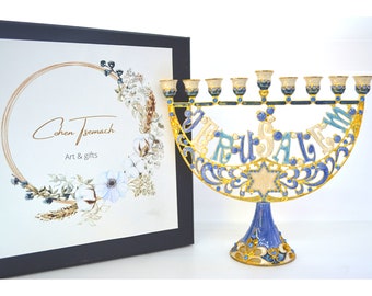 Cohen Tsemach Art & Gift Enamel Menorah Star of David and Jerusalem Hand Painted Hanukkiah Blue