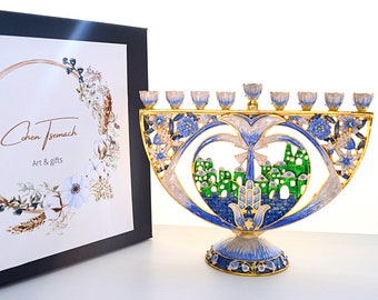 Cohen Tsemach Art&Gift Hanukkiah Blue Enamel Jerusalem pomegranate Menorah  amazing menorah, combined with the old city of Jerusalem.