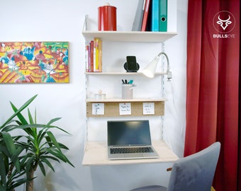 Uitschuifbaar bureau of hangtafel met 3 wandplanken + kurken prikbord