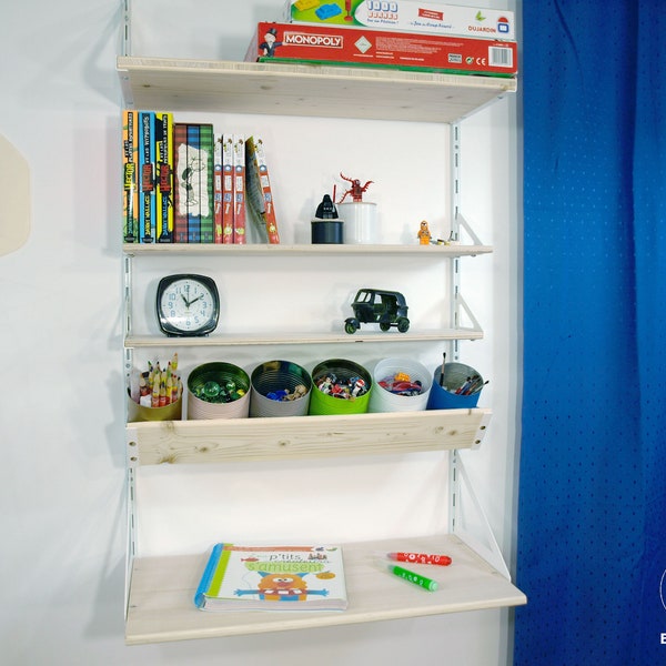 Bureau mural avec bibliothèque et étagères de rangement - Idéal chambre d'enfant, crêche, école, boutique, atelier...