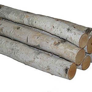 May include: A stack of birch logs, with the bark still on, ready for a fireplace or wood-burning stove.