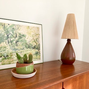 Scandinavian vintage ceramic lamp. Swedish retro stoneware lamp with thread shade. Mid century terracotta lamp. Pottery lamp.