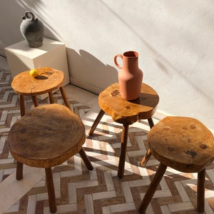 1 of 4 Rustic handcrafted wooden stools. Primitive brutalist solid wood stool. Handcrafted rustic chestnut wood stool.