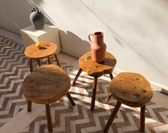 1 of 2 Rustic handcrafted wooden stools. Brutalist primitive solid wood stool. Rustic handcrafted chestnut wood stool.