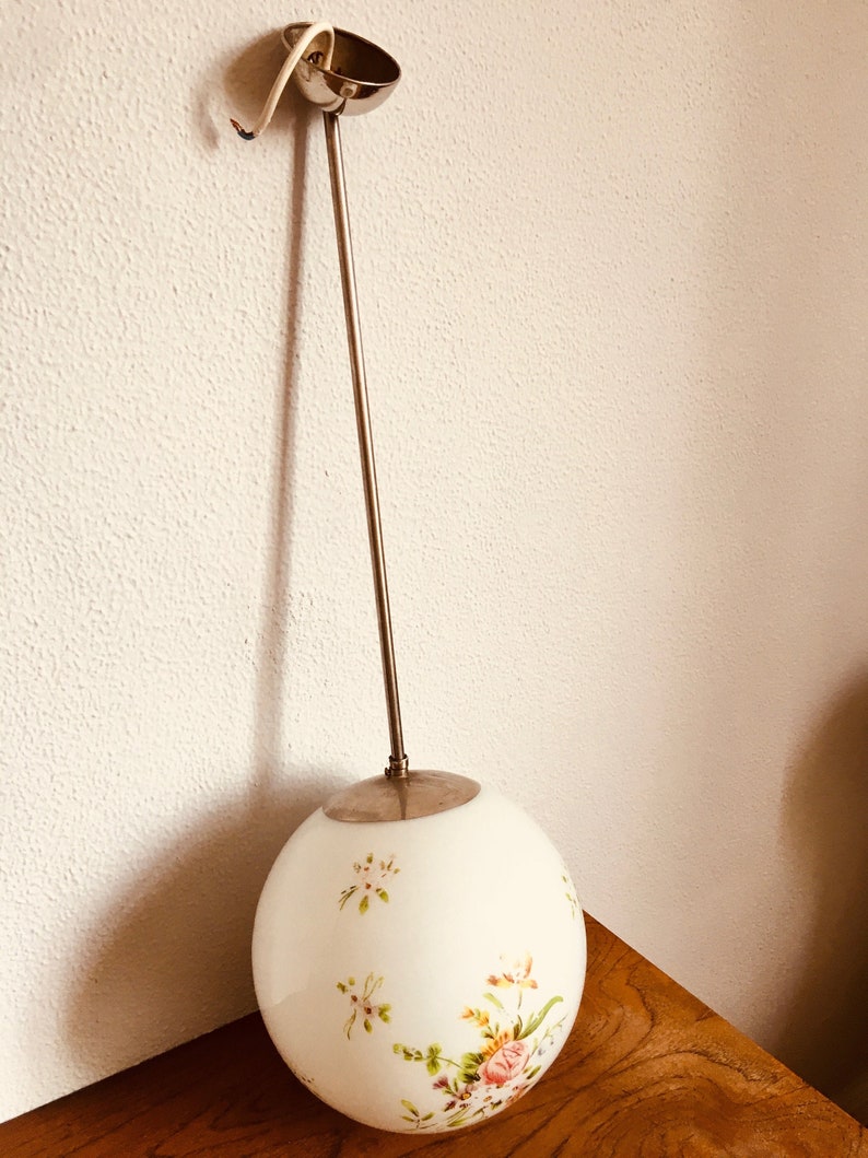 Peut inclure: Un luminaire suspendu en forme de globe blanc avec un motif floral. La lumi&egrave;re a une tige en m&eacute;tal argent&eacute; et une fixation au plafond en m&eacute;tal argent&eacute;.