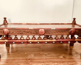 Spectacular and rare handmade wooden table from Afghanistan. Antique polychrome wooden coffee table. Solid wood table popular art.