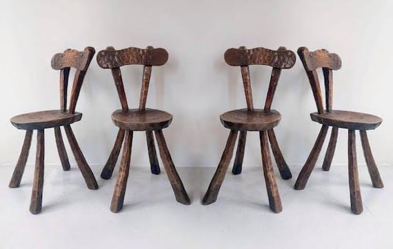 4 sillas brutalistas primitivas roble martillado. Sillas vintage mid century 50s. Silla madera maciza. Sillas rústicas de comedor Wabi Sabi