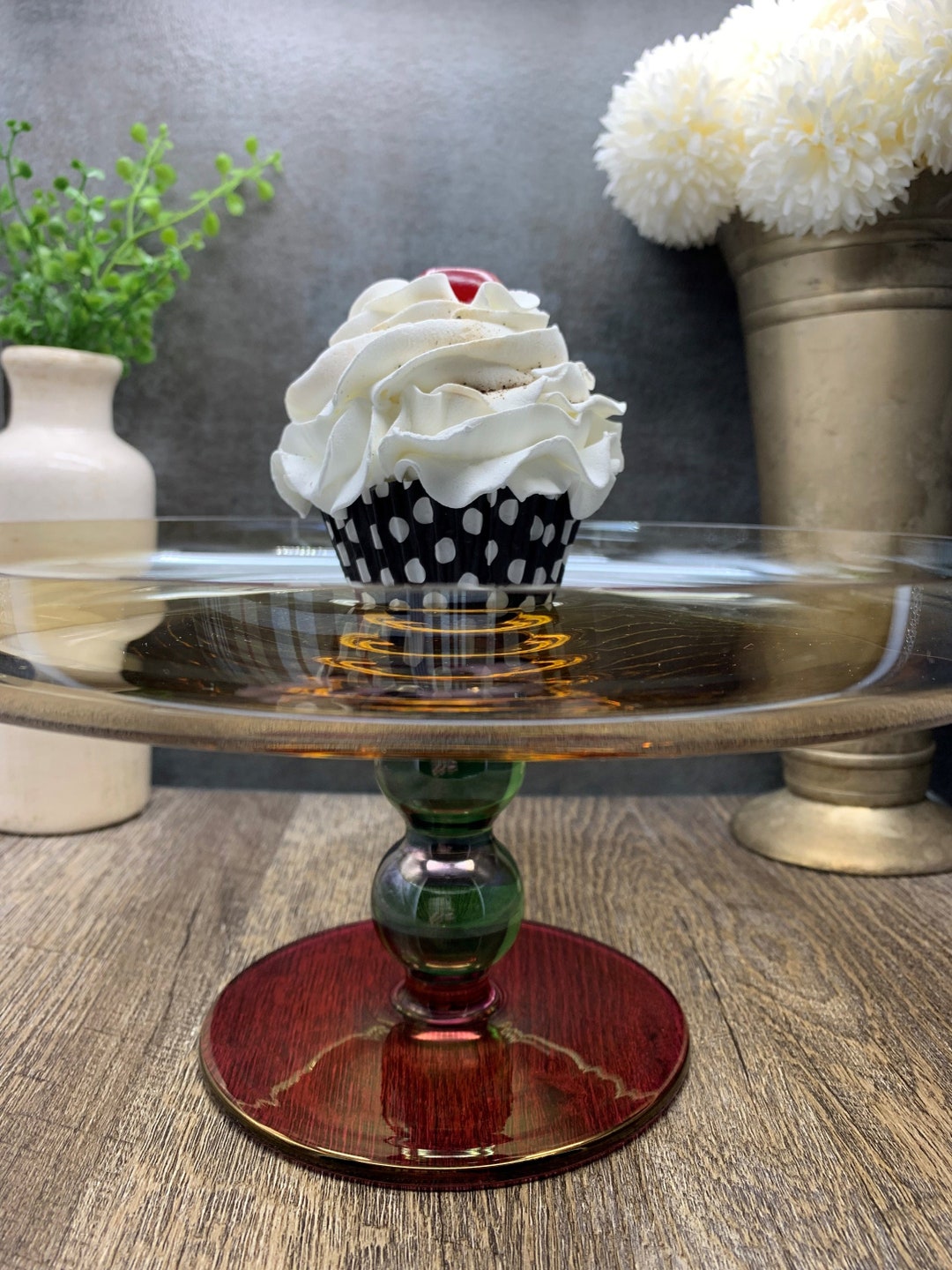 Vintage Krosno Red Green Amber Glass Cake Stand Polish Glass Etsy