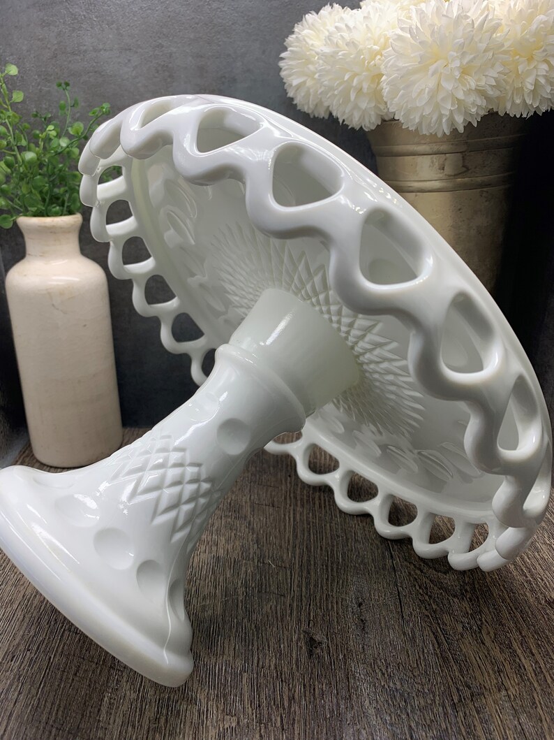 Vintage RARE McKee Brothers Plymouth Thumbprint Milk Glass Cake Stand with Lace Edge and Rum Well, Farmhouse Wedding Milk Glass Cake Stand