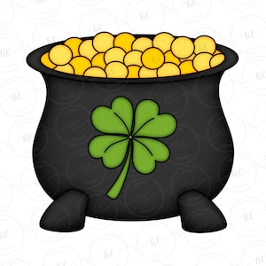 May include: A black pot with a four-leaf clover design and gold coins spilling out of the top. The pot has three legs and is sitting on a white background.