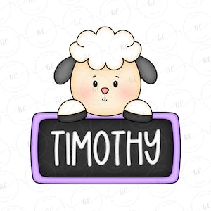 May include: A cute cartoon lamb with black ears and hooves is peeking over a purple chalkboard with the name "TIMOTHY" written in white on a black background.